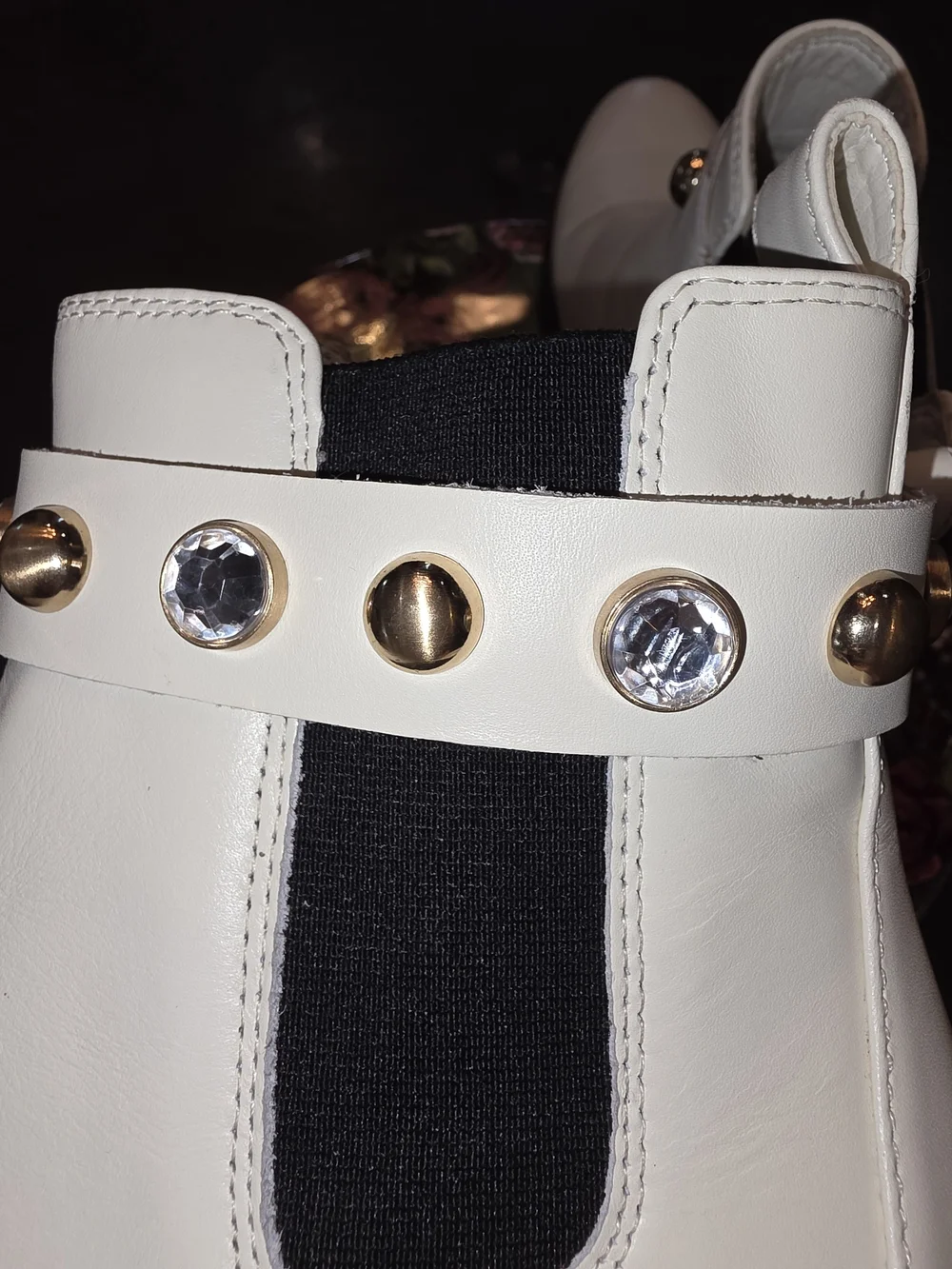 Karl Lagerfeld White Chelsea Ankle Boots with Gold & Crystal Accents